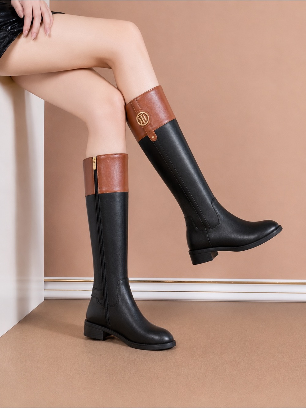 Tommy Hilfiger Keeley Riding Boots Black BrownGold Logo Knee High Size 9M WC NWT